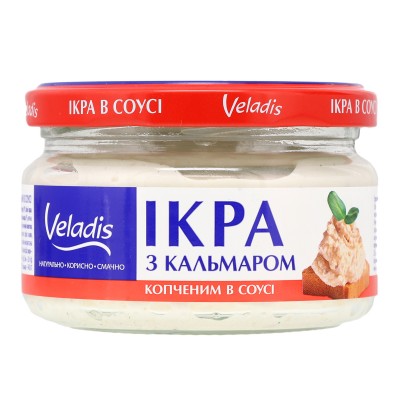 ІКРА ОСЕЛЕДЦЯ В СОУСІ ЗІ ШМАТОЧКАМИ КОПЧЕНОГО КАЛЬМАРА VELADIS